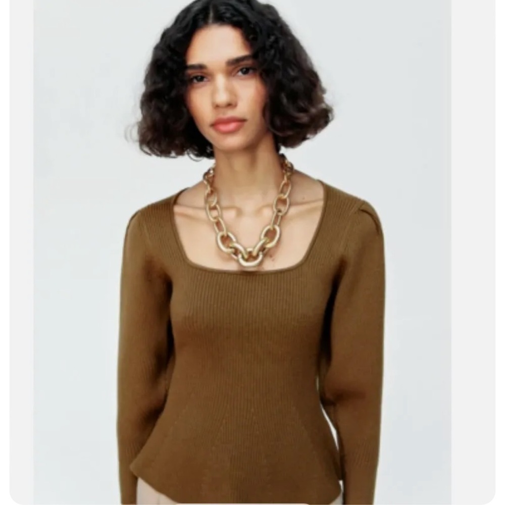 Zara brown square neck knit sweater top size medium fitted bohemian puff sleeve - Picture 9 of 14